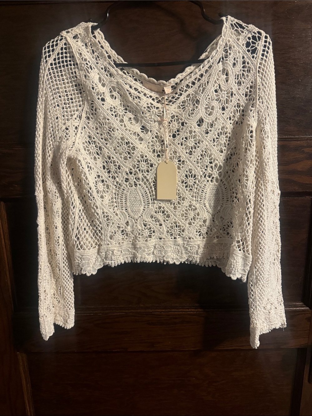 Good Luck Gem Cream Crochet Cropped Long-Sleeve Top
